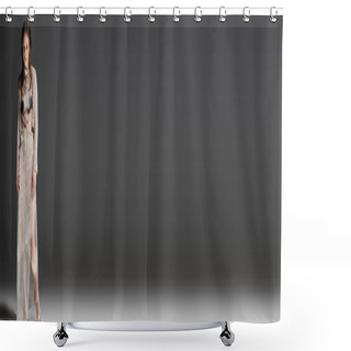 Personality  Young Mermaid In Fishnet Skirt And Knitted Cardigan Posing On Grey Background, Banner  Shower Curtains