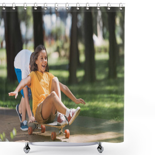 Personality  Adorable Happy Kids Having Fun With Longboard In Park  Shower Curtains