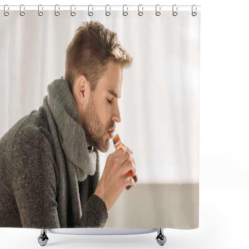 Personality  Sick Man In Warm Scarf Drinking Cough Syrup With Closed Eyes Shower Curtains