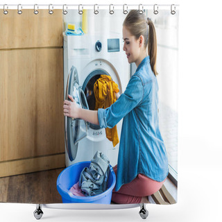 Personality  Smiling Young Woman Taking Laundry From Washing Machine Into Plastic Basin Shower Curtains