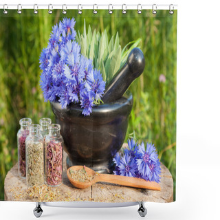 Personality  Black Mortar With Blue Cornflowers, Sage, Wooden Spoon And Glass Shower Curtains
