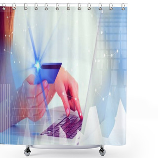 Personality  Financial Data Processing Over Woman Holding Credit Card And Using Laptop. Global Business And Finance Concept Digitally Generated Image. Shower Curtains
