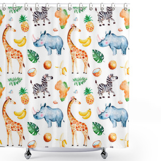 Personality  Africa Watercolor Seamless Pattern With Giraffe, Rhino ,zebra, Banana, Fruits,  Leaves, Africa Continent Shower Curtains