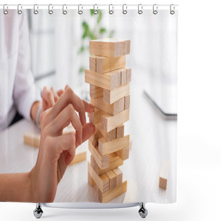 Personality  Clopped View Of Businesswoman Playing Blocks Wood Game At Table Shower Curtains