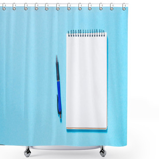 Personality  Notebook And Pen On Blue Background. Shower Curtains