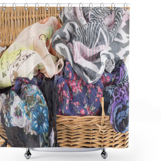 Personality  Woman Scarf In A Wooden Basket Shower Curtains