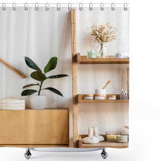 Personality  Wooden Rack With Blooming Catkins, Towel Rolls, Toothbrushes, Herbal Bags, Containers And Bottles Near Green Plants In Flowerpots  Shower Curtains