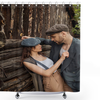 Personality  Fashionable And Passionate Woman In Suspenders And Newsboy Cap Touching Jacket Of Bearded Boyfriend While Standing Together Near Rustic House, Stylish Couple In Rural Setting Shower Curtains