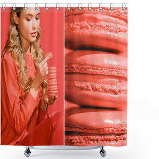 Personality  Collage With Sweet Macaroons And Fashionable Blonde Woman In Living Coral. Pantone Color Of The Year 2019 Concept Shower Curtains