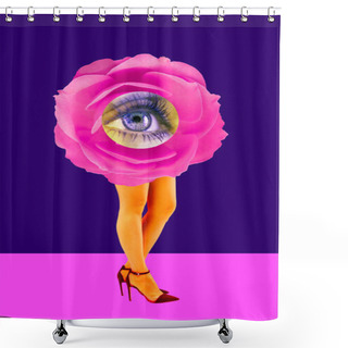 Personality  Rose Bud And Womans Beautiful Legs In Acid Color Tights And High Heels Shoes On A Colorful Background. Disco Light, Surreal Art. Funny Modern Art Collage In Magazine Style, Pop Art, Zine Culture. Shower Curtains