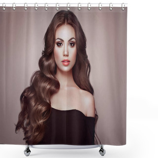 Personality  Brunette Girl With Long Healthy And Shiny Curly Hair. Care And Beauty. Beautiful Model Woman With Wavy Hairstyle. Make-Up And Black Dress Shower Curtains