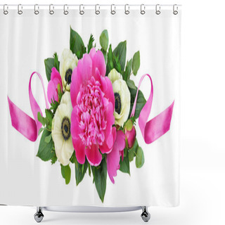 Personality  Pink Peonies And Anemone Flowers With Satin Ribbons In Floral Arrangement Isolated On White Background. Flat Lay. Top View. Shower Curtains