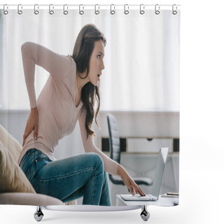 Personality  Side View Of Young Woman Suffering From Back Pain While Using Laptop At Home    Shower Curtains