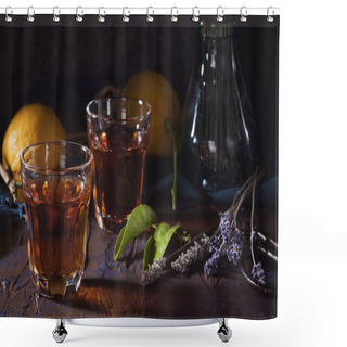 Personality  Rustic Still Life With Tea Or Liqueur Drink, Citruses And Lavender Shower Curtains