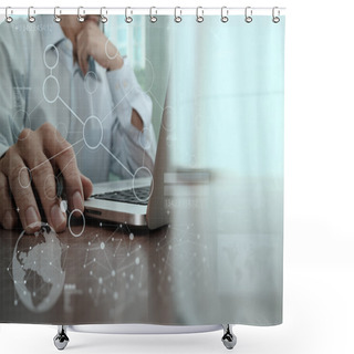 Personality  Businessman Hand Working With Modern Technology And Digital Laye Shower Curtains