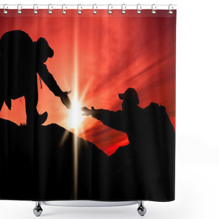 Personality  Silhouette Of Helping Hand Between Two Climber Shower Curtains