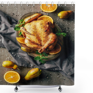 Personality  Fried Chicken With Oranges, Pears And Greenery On Tray  Shower Curtains