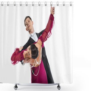 Personality  Elegant Young Couple Of Ballroom Dancers In Red Dress In Suit Dancing On White Shower Curtains