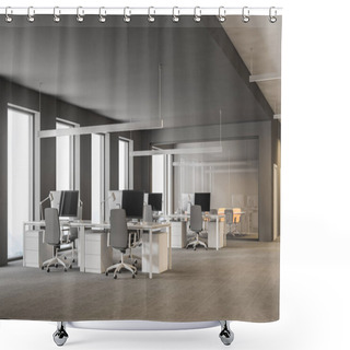 Personality  Modern Grey Office Interior With Rows Of White Computer Desks And Loft Windows. Boardroom In The Background. International Company Concept 3d Rendering Copy Space Shower Curtains
