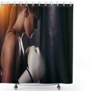 Personality  Fighter Girl In Gym With Boxing Bag. Long Hair Woman Fitness Model Shower Curtains