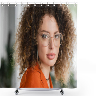 Personality  Portrait Of Curly Businesswoman In Glasses And Hoop Earrings Looking At Camera In Office  Shower Curtains