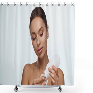 Personality  Portrait Of Brunette Young Woman Applying Cosmetic Product On Cotton Pad Isolated On White  Shower Curtains
