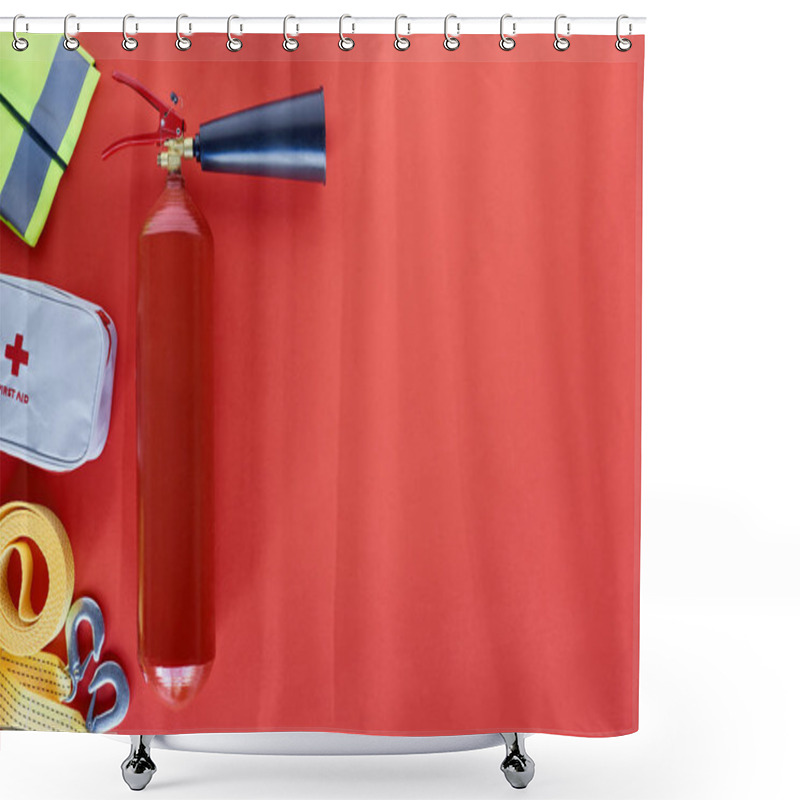 Personality  Top View Of Fire Extinguisher And Automotive Accessories On Red Backdrop Shower Curtains