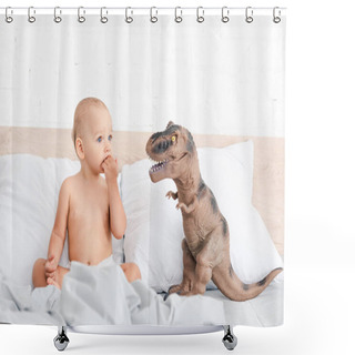 Personality  Little Child Sitting On Light Bed Near Brown Toy Dinosaur Shower Curtains