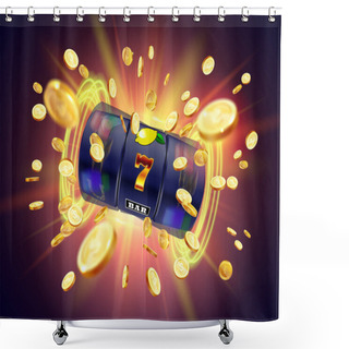 Personality  The Black Slot Machine Wins The Jackpot 777 On The Background Of An Explosion Of Coins. Vector Illustration Shower Curtains