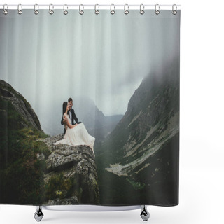 Personality  Newlyweds Sitting On Edge Of Precipice Shower Curtains