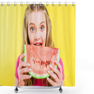 Personality  Beautiful Girl Eating Watermelon Isolated On Yellow And Looking At Camera Shower Curtains
