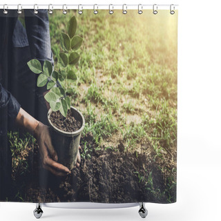 Personality  Young Man Planting The Tree In The Garden As Earth Day And Save World Concept, Nature, Environment And Ecology. Shower Curtains