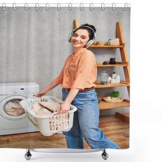 Personality  A Stylish Woman Holding A Basket Of Chickens While Standing In Front Of A Washing Machine At Home. Shower Curtains