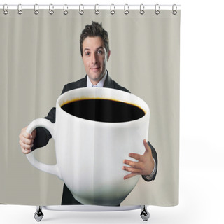 Personality  Happy Businessman Holding Funny Huge  Oversized Cup Of Black Cof Shower Curtains