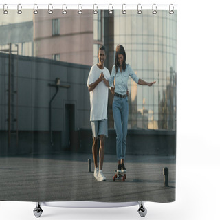 Personality  Young Woman Learning To Ride Skateboard Shower Curtains