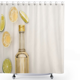 Personality  Top View Of Golden Tequila In Bottle And Shot Glasses With Lime On White Marble Surface Shower Curtains