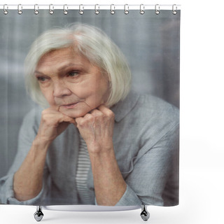 Personality  Sad Senior Woman Looking Away Through Window Glass Shower Curtains