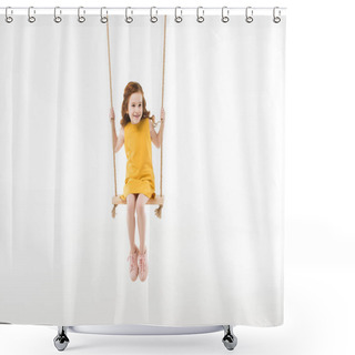 Personality  Little Stylish Child In Dress Riding On Swing Isolated On White Shower Curtains