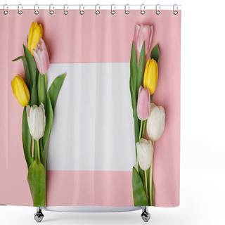 Personality  Colorful Tulips With Blank Paper Isolated On Pink Shower Curtains