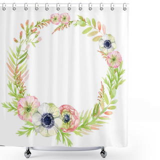 Personality  Watercolor Wreath Frame With Anemone And Herbs Shower Curtains