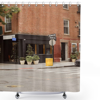Personality  Brick Building With Storefront And Flowerpots Near Crossroad On Urban Street In New York City Shower Curtains