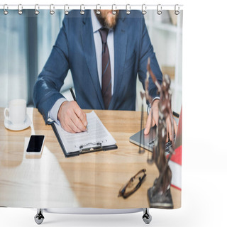 Personality  Lawyer With Contract At Workspace Shower Curtains
