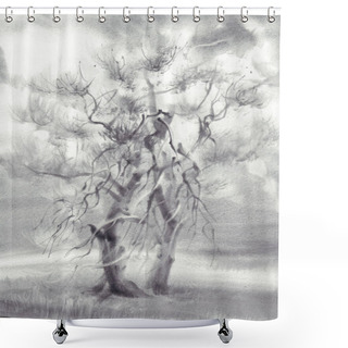 Personality  Landscape With Old Trees In Grey Watercolor Background Shower Curtains