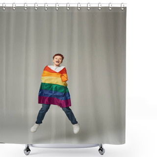 Personality  Overjoyed Queer Person In White T-shirt And Jeans Jumping And Levitating With LGBT Flag On Grey Shower Curtains