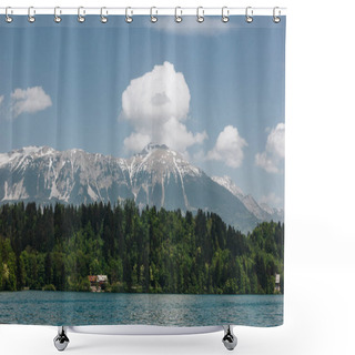 Personality  Majestic Landscape With Snow-covered Mountain Peaks, Green Trees And Tranquil Mountain Lake, Bled, Slovenia Shower Curtains