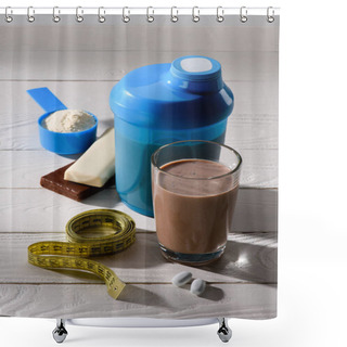 Personality  Chocolate Protein Shake With Measuring Tape And Energy Bars On White Wooden Table Shower Curtains