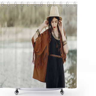 Personality  Woman Walking Near River Shower Curtains
