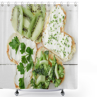 Personality  Top View Of Heart Shaped Canape With Creamy Cheese, Broccoli, Microgreen, Parsley And Kiwi On White Wooden Surface Shower Curtains