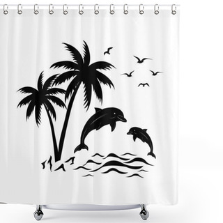 Personality  Illustration Of Tropical Island With Palms, Sunset And Dolphin Summer Design Shower Curtains