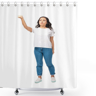 Personality  Angry Young Asian Woman Showing Raised Fist Isolated On White Shower Curtains